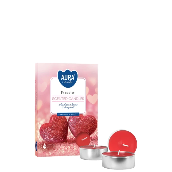 Podgrzewacze zapachowe Passion p15-380 Aura w eleganckim opakowaniu z dekoracyjnym motywem owocowym. Aromatyczne tealighty doskonale tworzą przytulny klimat i wypełniają wnętrze intensywnym słodkim aromatem.