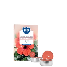 Podgrzewacze zapachowe Hibiskus - Biała szałwia p15-356 Aura w dekoracyjnym opakowaniu z roślinną grafiką. Aromatyczne podgrzewacze wprowadzają do wnętrza świeży i relaksujący klimat.