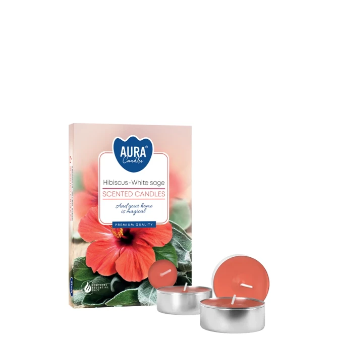Podgrzewacze zapachowe Hibiskus - Biała szałwia p15-356 Aura w dekoracyjnym opakowaniu z roślinną grafiką. Aromatyczne podgrzewacze wprowadzają do wnętrza świeży i relaksujący klimat.