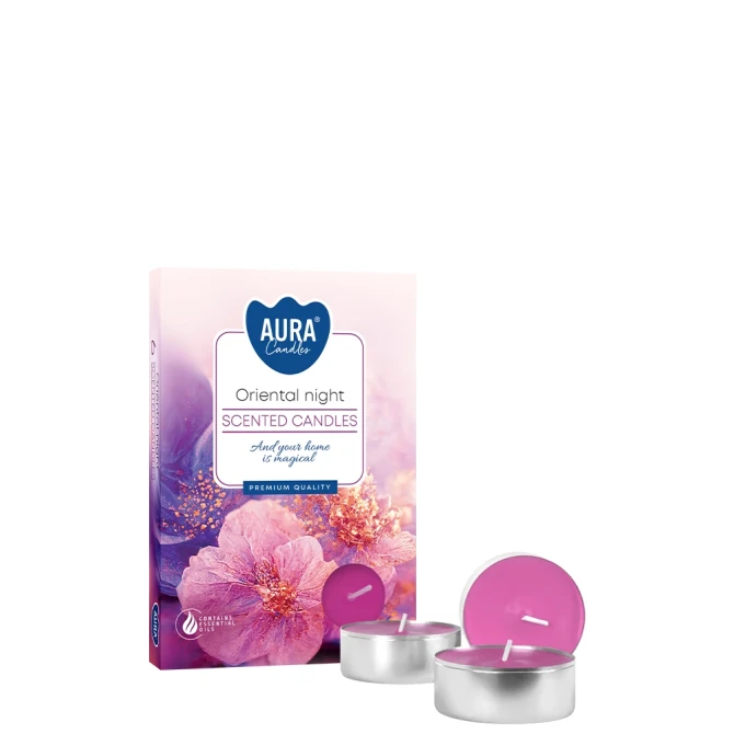 Podgrzewacze zapachowe Orientalna Noc p15-272 Aura w dekoracyjnym opakowaniu z widocznymi różowymi podgrzewaczami. Aromatyczne podgrzewacze tworzą wyjątkowy klimat inspirowany orientalnymi nutami zapachowymi.