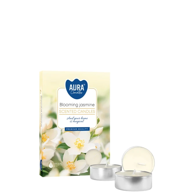 Podgrzewacze zapachowe Kwitnący Jaśmin p15-169 Aura w eleganckim opakowaniu z kwiatowym motywem. Aromatyczne tealighty wypełniają wnętrze delikatnym zapachem jaśminu i tworzą przytulną atmosferę.