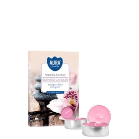 Podgrzewacze zapachowe Wanilia - Orchidea p15-184 Aura w eleganckim opakowaniu z kwiatowym motywem. Aromatyczne tealighty wypełniają wnętrze delikatnym zapachem wanilii i orchidei, tworząc przytulną atmosferę.