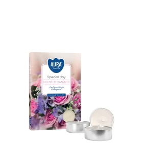 Podgrzewacze zapachowe Wyjątkowy Dzień p15-288 Aura w eleganckim opakowaniu z dekoracyjnym motywem. Aromatyczne tealighty tworzą przytulną atmosferę i wypełniają wnętrze wyjątkowym zapachem.