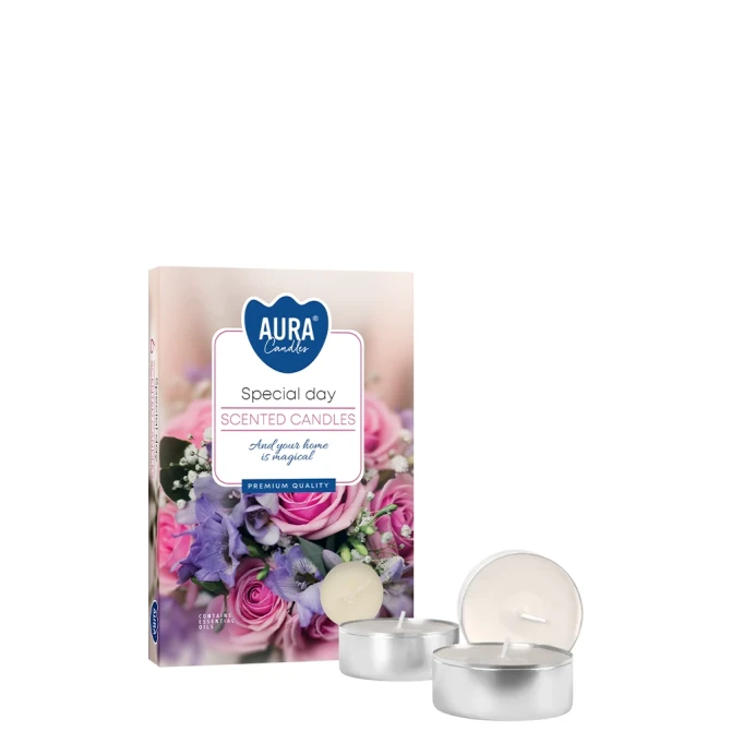 Podgrzewacze zapachowe Wyjątkowy Dzień p15-288 Aura w eleganckim opakowaniu z dekoracyjnym motywem. Aromatyczne tealighty tworzą przytulną atmosferę i wypełniają wnętrze wyjątkowym zapachem.