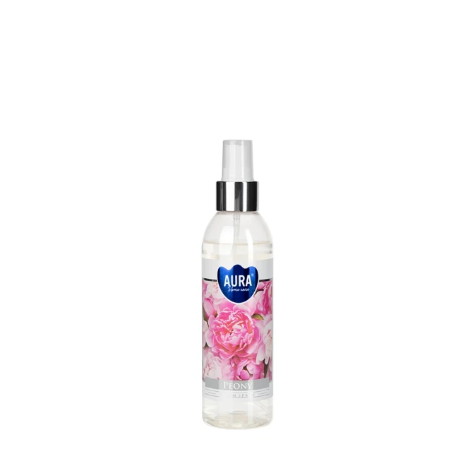 Mgiełka zapachowa do pomieszczeń Piwonia mz185-157 Aura Home Care w eleganckiej butelce z atomizerem. Aromatyczna mgiełka doskonale odświeża wnętrze i wypełnia pomieszczenie delikatnym kwiatowym aromatem piwonii.