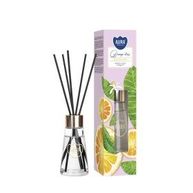 Dyfuzor zapachowy Pomarańczowa Rozkosz AD-001-464 Aura Home Care w eleganckim opakowaniu z patyczkami zapachowymi. Stylowy dyfuzor do wnętrz doskonale podkreśla nowoczesny wystrój domu i wypełnia pomieszczenie cytrusowym aromatem.