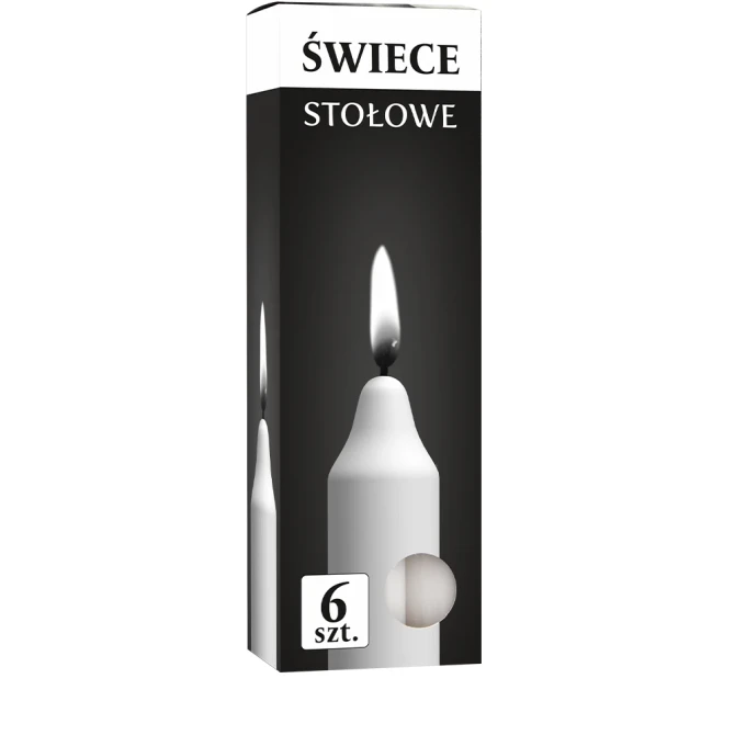 Wysokie świece stołowe proste zestaw 6 szt. s1-66 w opakowaniu na białym tle.