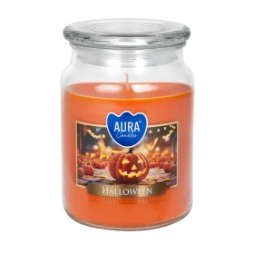 Duża świeca Halloween w szkle z wieczkiem snd99-466 Aura marki Bispol w dekoracyjnym słoju z jesiennym wzorem. Stylowa świeca zapachowa idealna do tworzenia klimatycznej atmosfery podczas Halloween i jesiennych wieczorów.