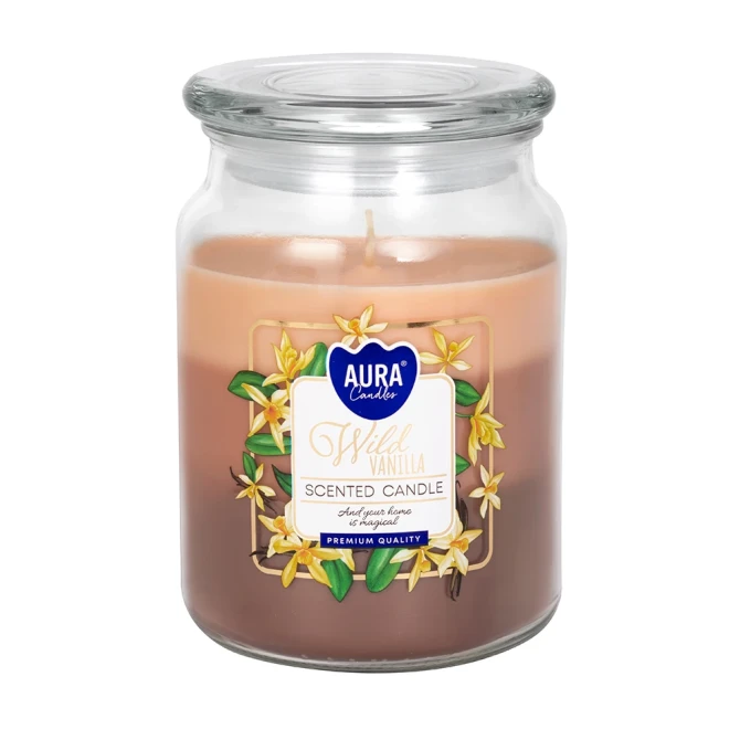 Duża świeca Dzika Wanilia w szkle z wieczkiem trójkolorowa snd99t-387 Aura