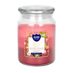 Duża świeca Soczyste Owoce w szkle z wieczkiem trójkolorowa snd99t-386 Aura w eleganckim transparentnym słoju. Aromatyczna świeca zapachowa doskonale tworzy przytulny klimat i wypełnia wnętrze owocowym aromatem.