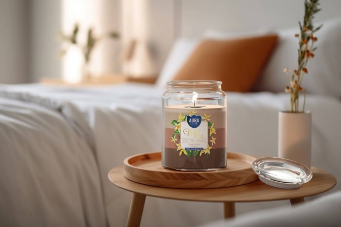 Duża świeca Soczyste Owoce w szkle z wieczkiem trójkolorowa snd99t-386 Aura