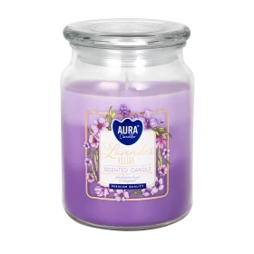 Duża świeca Lawendowe Ukojenie w szkle z wieczkiem trójkolorowa snd99t-385 Aura w eleganckim transparentnym słoju. Aromatyczna świeca zapachowa doskonale tworzy przytulny klimat i wypełnia wnętrze relaksującym lawendowym aromatem.