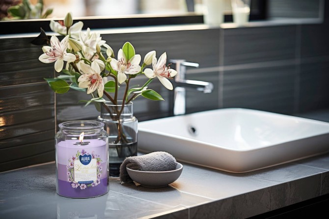 Duża świeca Lawendowe Ukojenie w szkle z wieczkiem trójkolorowa snd99t-385 Aura