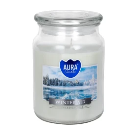 Duża świeca Zimowe Powietrze w szkle z wieczkiem snd99-375 Aura w eleganckim transparentnym słoju. Aromatyczna świeca zapachowa doskonale tworzy przytulny klimat i wypełnia wnętrze świeżym zimowym aromatem.