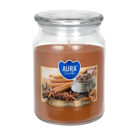Duża świeca Cynamon - Goździki w szkle z wieczkiem snd99-374 Aura w eleganckim transparentnym słoju. Aromatyczna świeca zapachowa doskonale tworzy przytulny klimat i wypełnia wnętrze korzennym aromatem cynamonu i goździków.