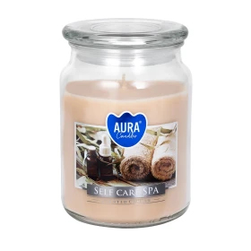 Duża świeca Self Care Spa w szkle z wieczkiem snd99-363 Aura w eleganckim transparentnym słoju. Aromatyczna świeca zapachowa doskonale tworzy relaksujący klimat i wypełnia wnętrze świeżym aromatem inspirowanym strefą SPA.