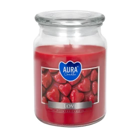 Duża świeca Love w szkle z wieczkiem snd99-105 Aura o romantycznym owocowym aromacie.