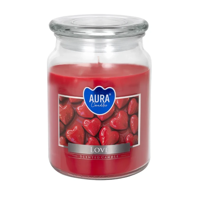 Duża świeca Love w szkle z wieczkiem snd99-105 Aura o romantycznym owocowym aromacie.