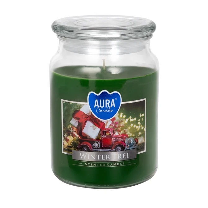 Duża świeca Zimowe Drzewko w szkle z wieczkiem snd99-348 Aura o świeżym zimowym aromacie.