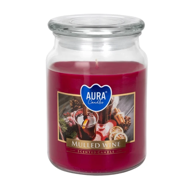 Duża świeca Grzane Wino w szkle z wieczkiem snd99-195 Aura o intensywnym korzennym aromacie.