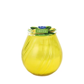 Zapachowa świeca ogrodowa w szkle CITRONELLA s72-86 Aura marki Bispol przedstawiona na białym tle. Świeca o cytrynowym aromacie doskonale sprawdza się podczas letniego relaksu na tarasie, balkonie i w ogrodzie.