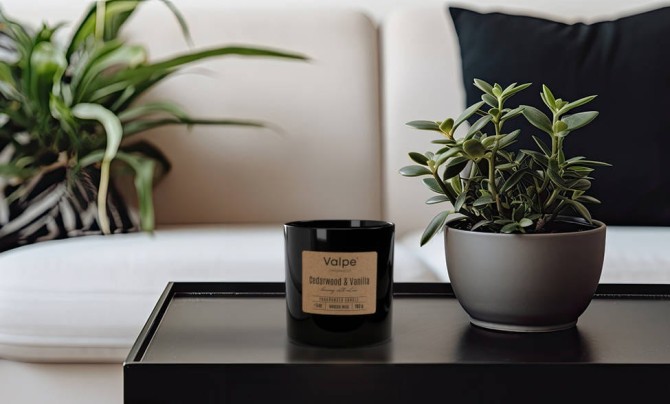 Mała świeca zapachowa z drewnianym knotem CEDARWOOD & VANILLA sn82-095-81 Valpe ustawiona na stole w jasnej aranżacji wnętrza.