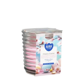 Świeca zapachowa w karbowanym szkle Wielkanoc snw80-1-456 Aura w dekoracyjnym pastelowym słoju z wielkanocnym motywem. Aromatyczna świeca doskonale podkreśla świąteczny klimat i stanowi elegancką dekorację wnętrza.