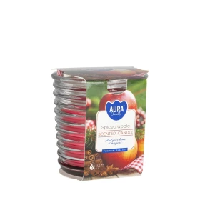 Świeca zapachowa w karbowanym szkle Aromatyczne Jabłko snw80-1-455 Aura w dekoracyjnym słoju z jesiennym motywem. Aromatyczna świeca doskonale tworzy przytulny klimat i wypełnia wnętrze zapachem soczystego jabłka.