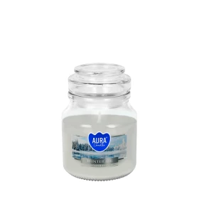 Świeca w szkle z wieczkiem Zimowe Powietrze snd71-375 Aura w eleganckim transparentnym słoju. Aromatyczna świeca zapachowa doskonale tworzy przytulny klimat i wypełnia wnętrze świeżym zimowym aromatem.