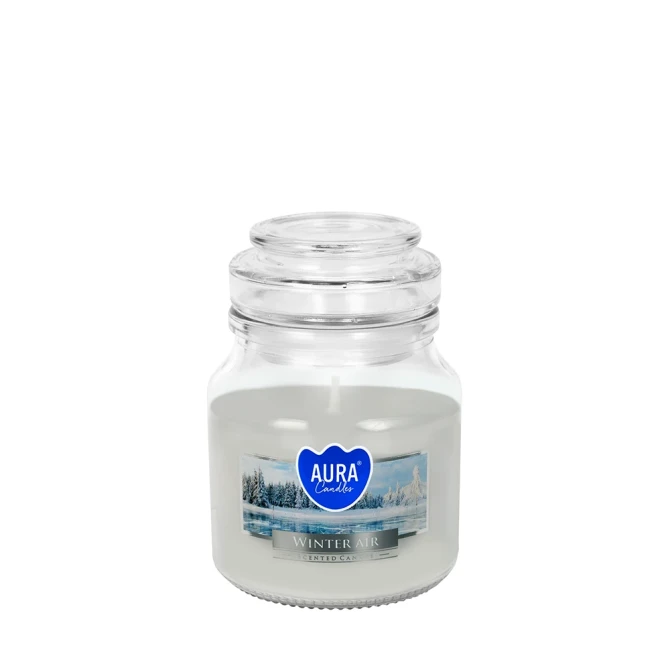 Świeca w szkle z wieczkiem Zimowe Powietrze snd71-375 Aura w eleganckim transparentnym słoju. Aromatyczna świeca zapachowa doskonale tworzy przytulny klimat i wypełnia wnętrze świeżym zimowym aromatem.