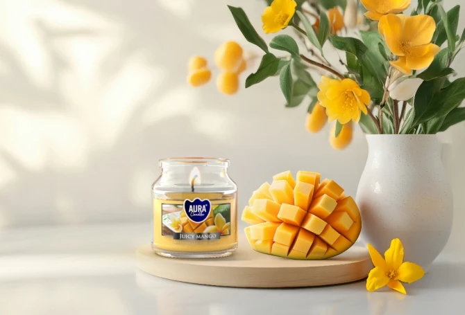 Świeca w szkle z wieczkiem Zimowe Powietrze snd71-375 Aura przedstawiona obok cytrusów i dekoracyjnych elementów. Aromatyczna świeca doskonale komponuje się z przytulnym wystrojem domu.