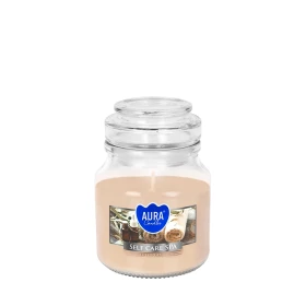 Świeca w szkle z wieczkiem Self Care SPA snd71-363 Aura w eleganckim transparentnym słoju. Aromatyczna świeca zapachowa doskonale tworzy relaksujący klimat i wypełnia wnętrze świeżym aromatem inspirowanym strefą SPA.