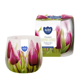 Świeca zapachowa Kwiaty w szkle z wzorem sn71s-07 Aura o subtelnym kwiatowym aromacie.