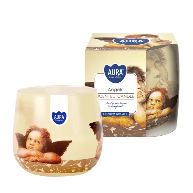 Świeca zapachowa Aniołki w szkle z wzorem sn71s-04 Aura o świątecznym aromacie.
