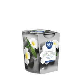 Świeca zapachowa Relaxation SN72S-50 Aura w prostym szkle z dekoracyjnym wzorem, widoczna etykieta produktu.
