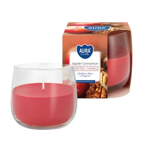 Świeca zapachowa w szkle Jabłko - Cynamon sn71-87 Aura w eleganckim szklanym słoiczku i dekoracyjnym opakowaniu. Ciepły aromat jabłka i cynamonu tworzy przytulną atmosferę w domu.