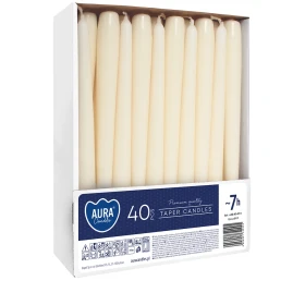 Świece stołowe stożkowe zestaw 40 szt. ecru s30-40-011 Aura w eleganckim opakowaniu. Klasyczne świece doskonale sprawdzą się jako dekoracja stołu i element przytulnej aranżacji wnętrza.