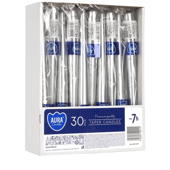 Świece stołowe stożkowe zestaw 30 szt. srebrny metalik s30-1-271  Aura