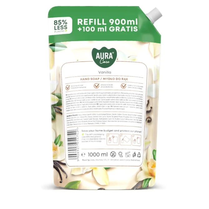 Mydło do rąk uzupełniające 1000 ml Wanilia AHS-002-003 Aura Care w opakowaniu uzupełniającym.