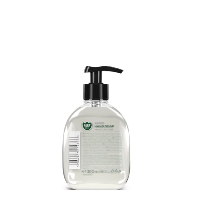 Mydło do rąk z dozownikiem 300 ml Wanilia AHS-001-003 Aura Care w eleganckiej butelce z pompką.