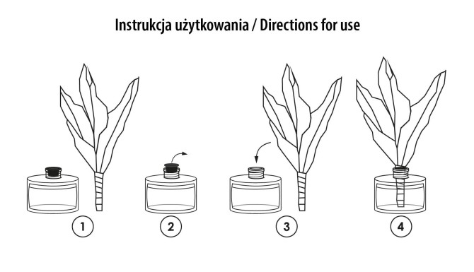 Instrukcja użycia dyfuzora zapachowego z liściem Aura Home Care, grafika pokazująca sposób montażu patyczków i ozdobnego liścia.