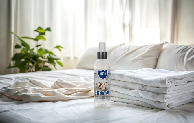 Mgiełka zapachowa do tekstyliów Jaśmin - Bambus AFS-001-506 Aura Home Care w jasnej aranżacji wnętrza.