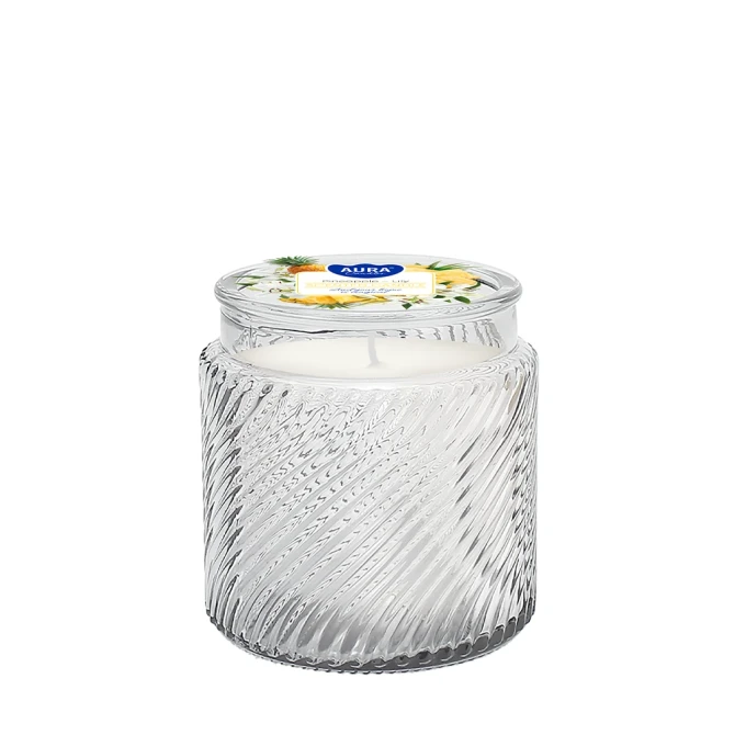 Świeca zapachowa Ananas-Lilia AC-001-477 Aura w dekoracyjnym prążkowanym szkle.