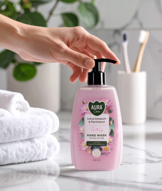 Mydło do rąk 500 ml Kwiat lotosu i Pantenol AHW-004-007 Aura Care w aranżacji łazienkowej