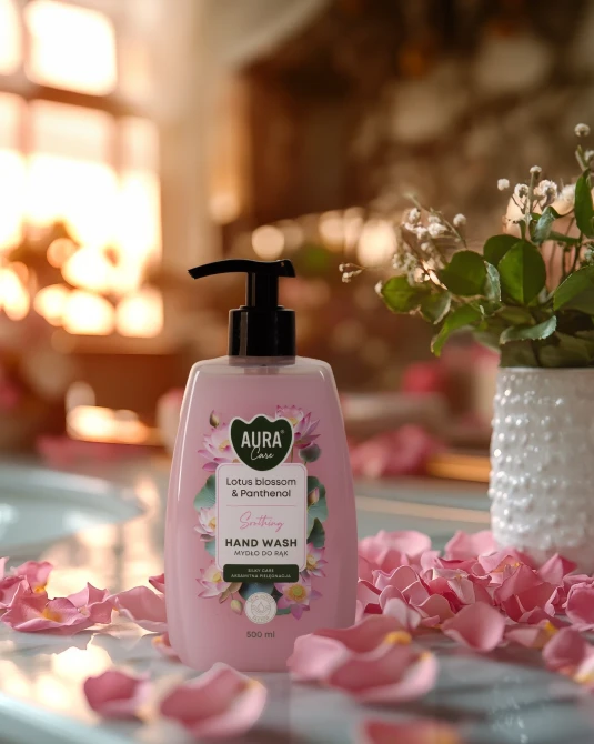 Mydło do rąk 500 ml Kwiat lotosu i Pantenol AHW-004-007 Aura Care w dekoracyjnej aranżacji