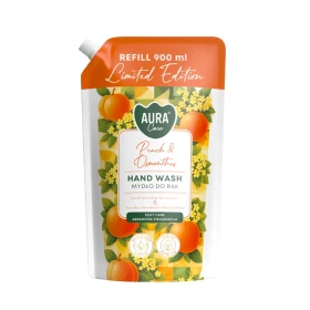 Mydło do rąk Aura Care Peach & Osmanthus refill 900 ml, edycja limitowana, opakowanie zapasowe z ekstraktem z brzoskwini i białej herbaty.