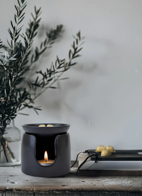 Ceramiczny kominek do wosków AWB-002-002 Aura w aranżacji wnętrza, ustawiony na stoliku z dekoracjami.