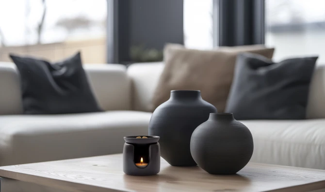 Ceramiczny kominek do wosków AWB-002-002 Aura w nowoczesnej aranżacji salonu z dodatkami wnętrzarskimi.