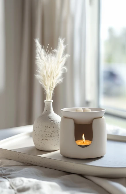 Ceramiczny kominek do wosków AWB-002-003 Aura w aranżacji wnętrza, ustawiony na stoliku z dekoracjami.