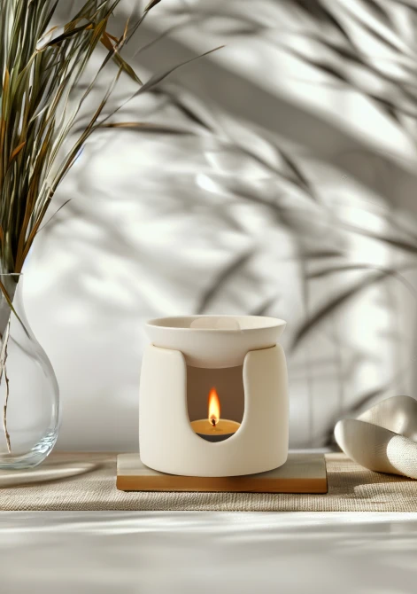 Ceramiczny kominek do wosków AWB-002-003 Aura w aranżacji przy lustrze, w eleganckim otoczeniu.